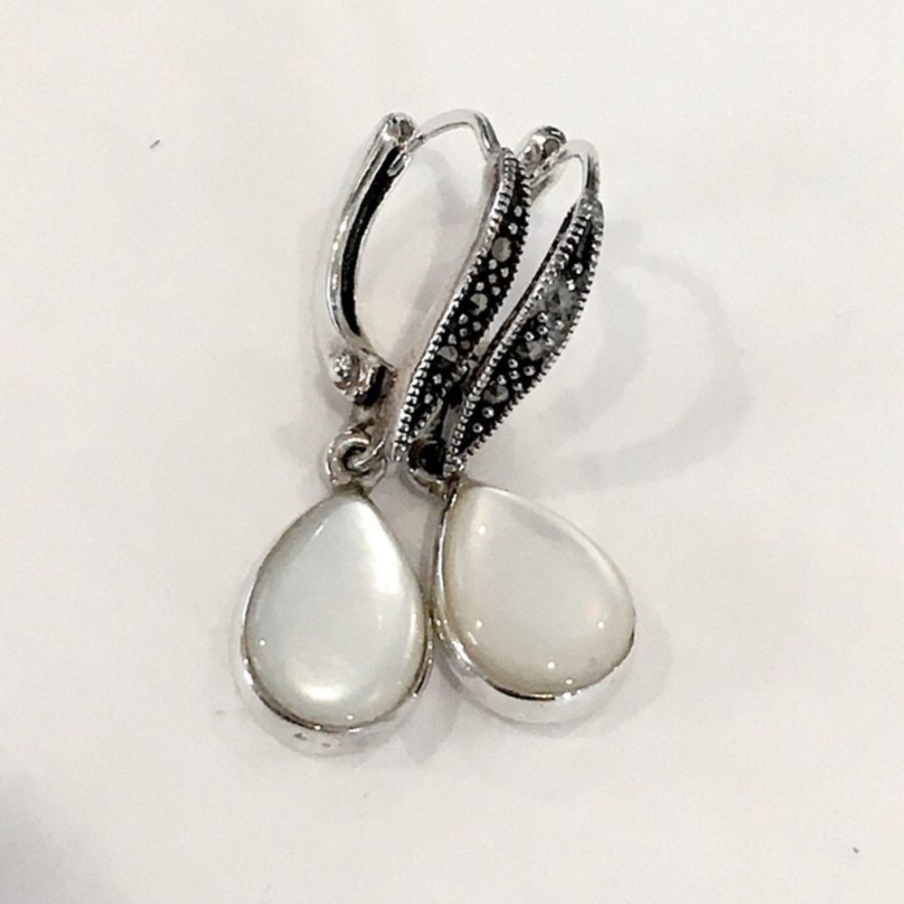 Vintage Sterling Silver Marcasite Mother of Pearl Drop Earrings